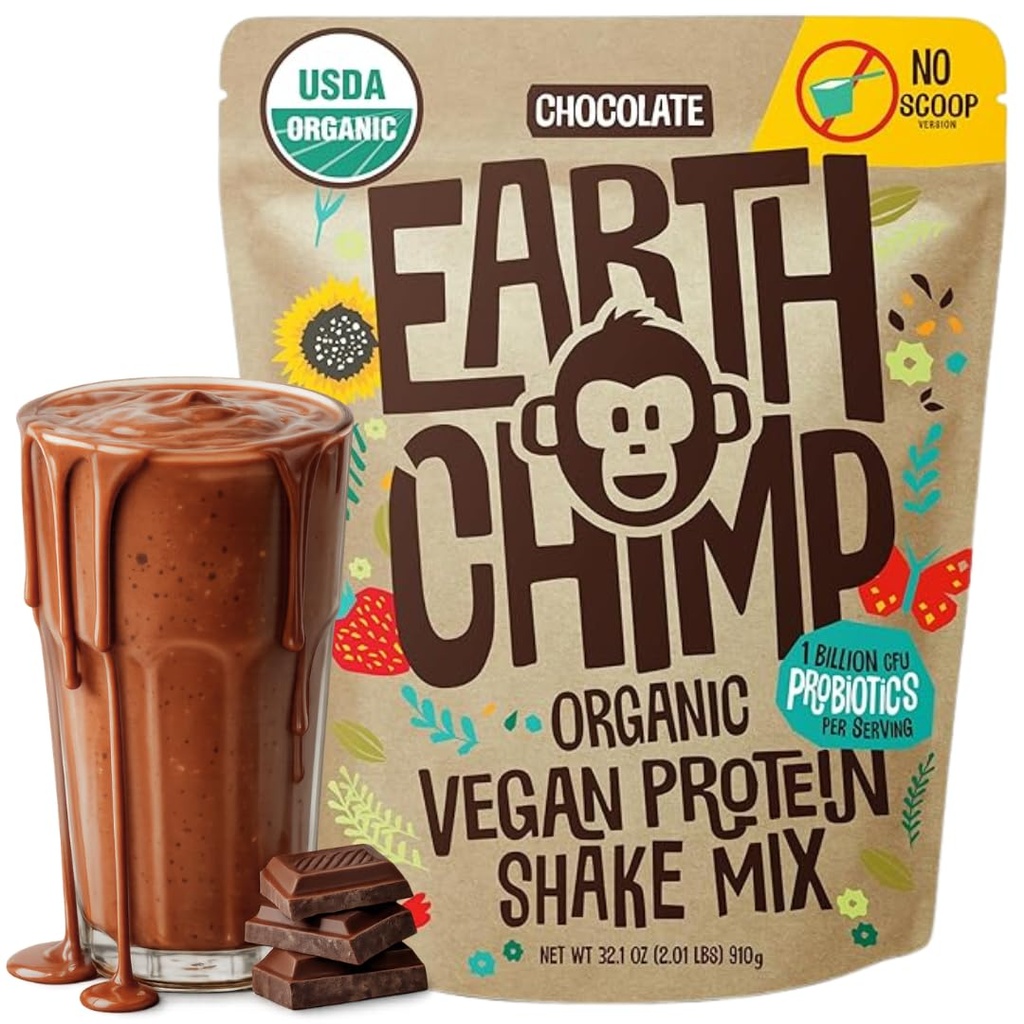 EarthChimp Organic Vegan Protein Powder - with Probiotics - Non GMO, Dairy Free, Non Whey, Plant Based Protein Powder for Women and Men, Gluten Free - 26 Servings 32 Oz (Chocolate) No Scoop
