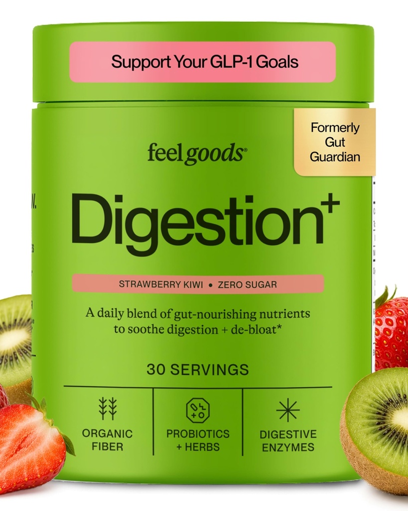Feel Goods Gut Guardian, Organic Fiber, Probiotic & Prebiotic Powder, Sugar Free, Herbs for Bloat, Gut Health Support, Digestive Health for Men & Women, Non GMO, Vegan, Φράουλα Kiwi, 30 Services