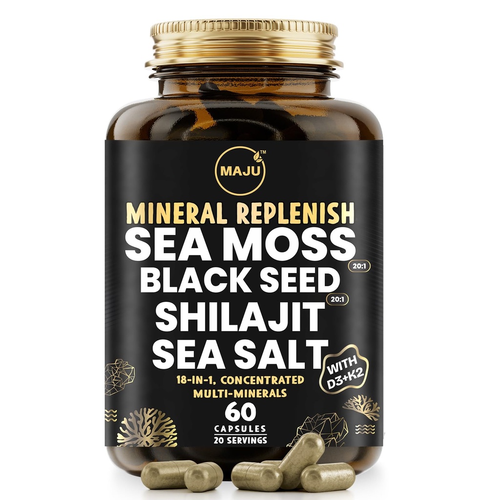 Maju Superfoods 18-σε-1 Sea Moss, Black Seed, Shilajit, Sea Salt + D3 & K2, συμπυκνωμένα εκχυλίσματα, Trace Multi Mineral Capsles, για Άνδρες & Γυναίκες Συμπληρώματα Ορυκτών Ηλεκτρολυτών