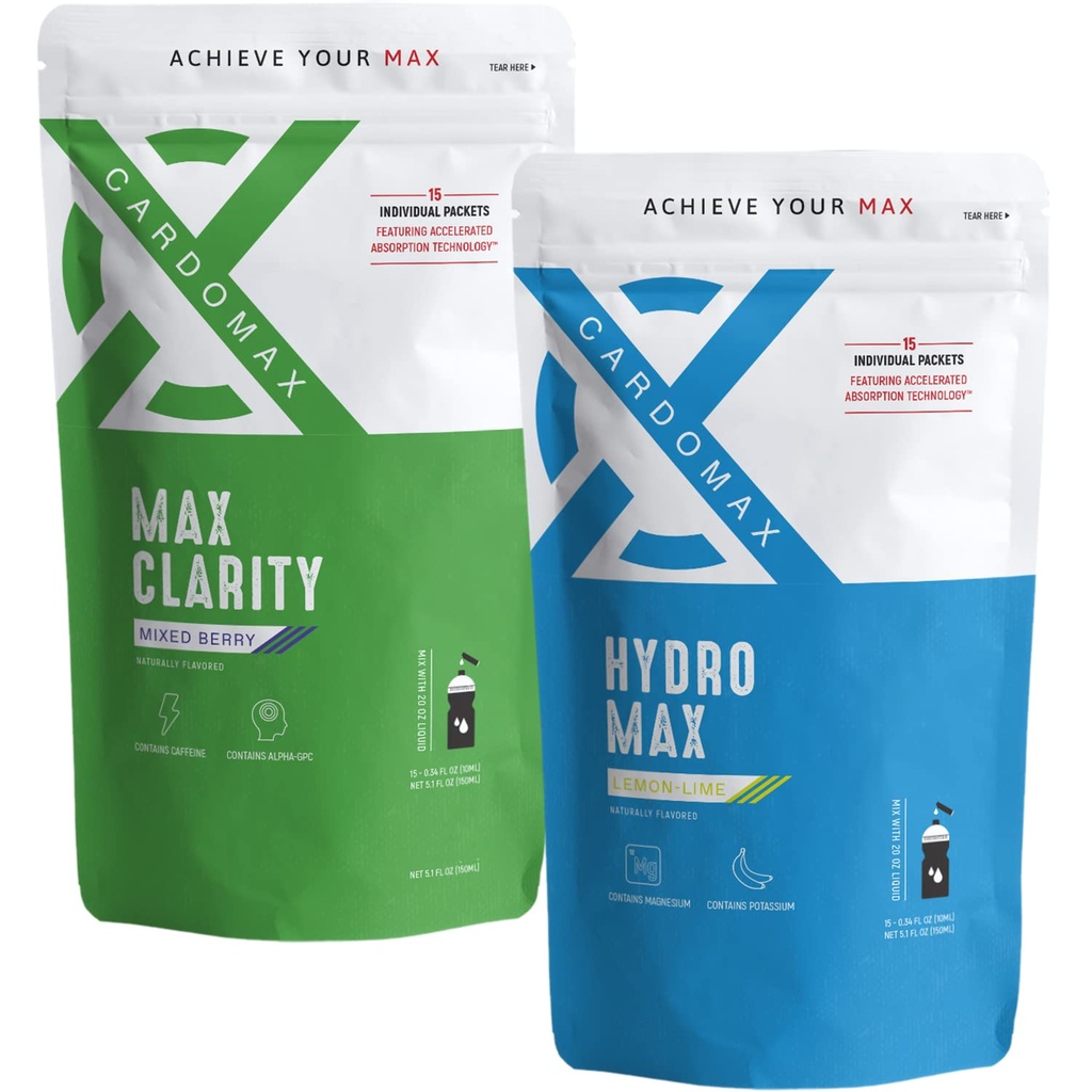 CardoMax HydroMax & Max Clarity Bundle, Hydration Packets & Liquid Nootropic Supplements 2Pack, 30 Packet Sticks