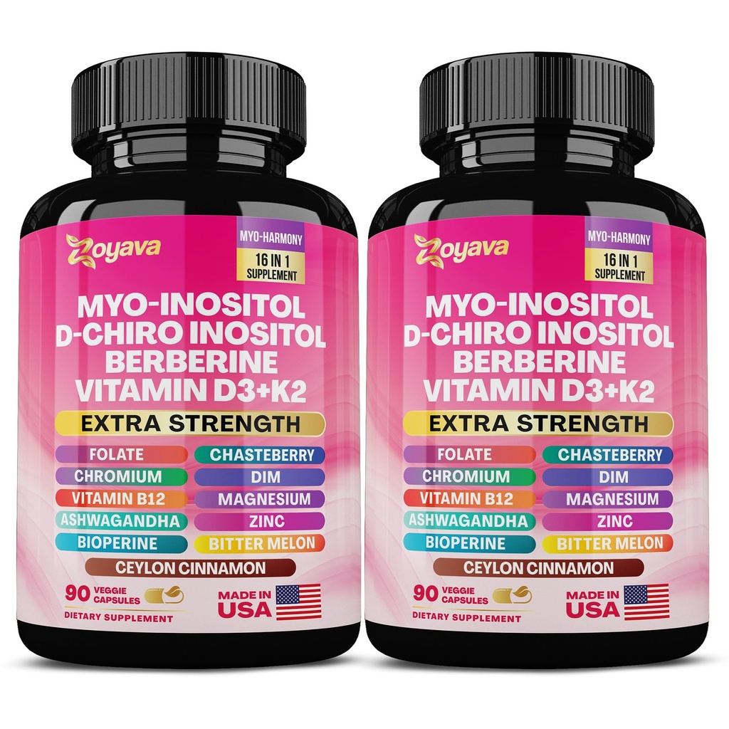 Myo Inositol Supplement 750mg, Berberine 500mg, D-Chiro Inositol 50mg, Folate 400mcg, Chromium 100mcg, Ceylon Cinnamon 200mg, Ashwagandha 100mg, DIM 75mg, Vitex Chasteberry 150mg, 90 Capsules (2 Pack)