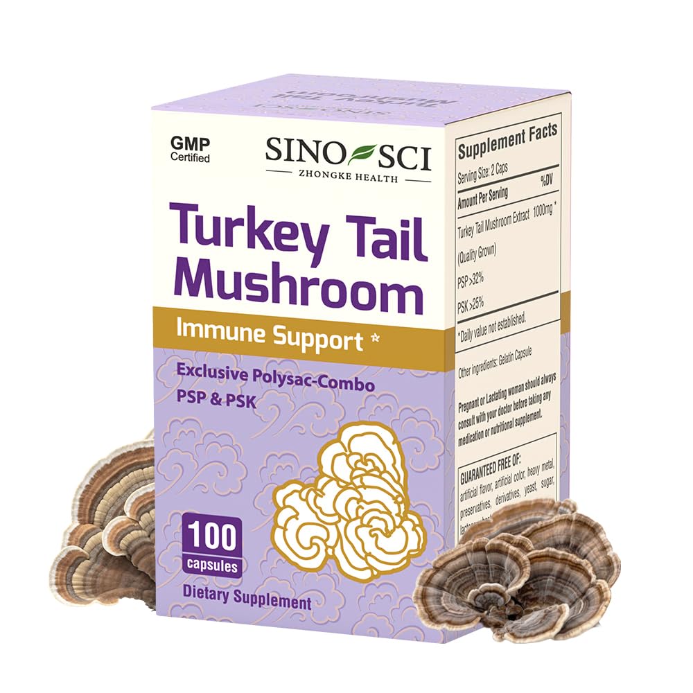 Turkey Tail Mushroom - PSP > 32% & PSK>25%, Support Immune & Cellular Level, Non-GMO, 100 Caps