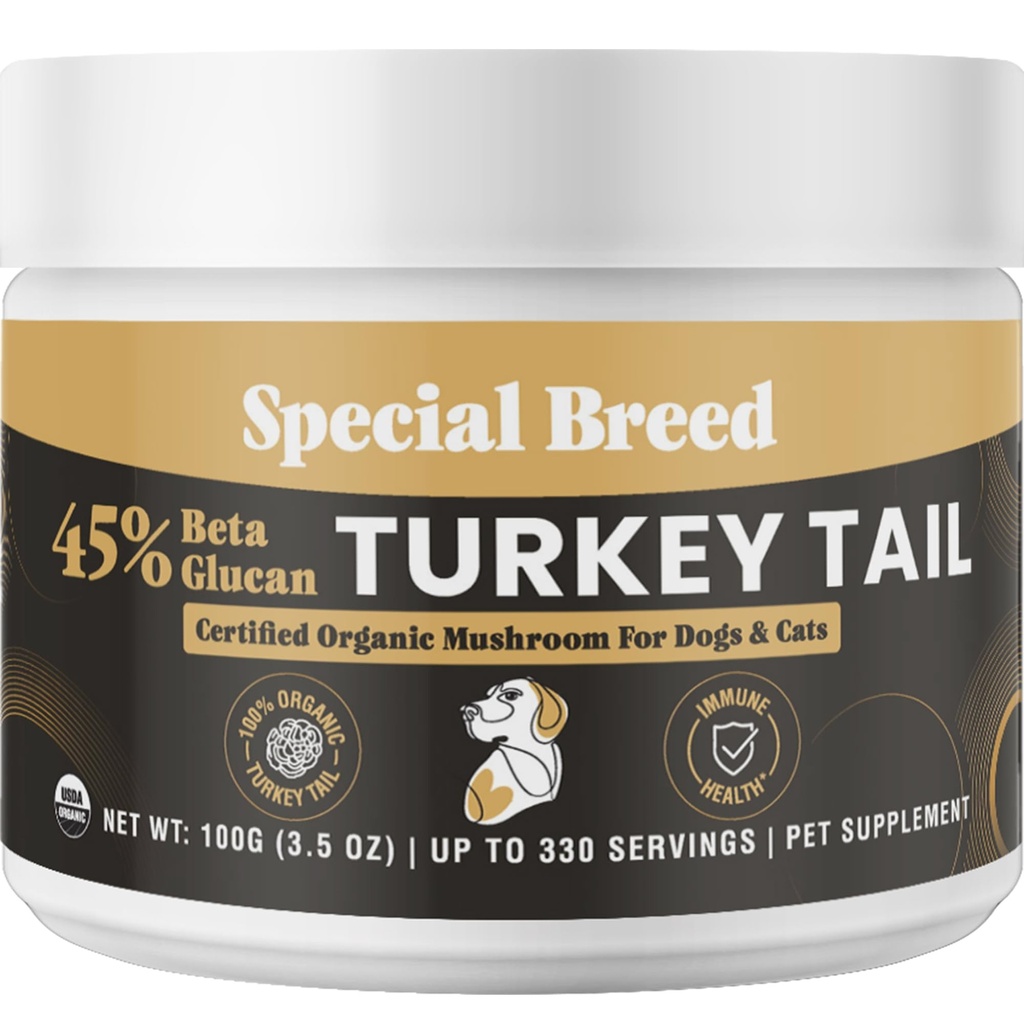 Organic Turkey Tail Mushroom for Dogs and Cats, 45% Beta Glucan Standardized, Hot Water Extracted Whole Fruiting Body, Third Party Tested, Immune and Gut Support, No Fillers, Made in USA, 330 ct