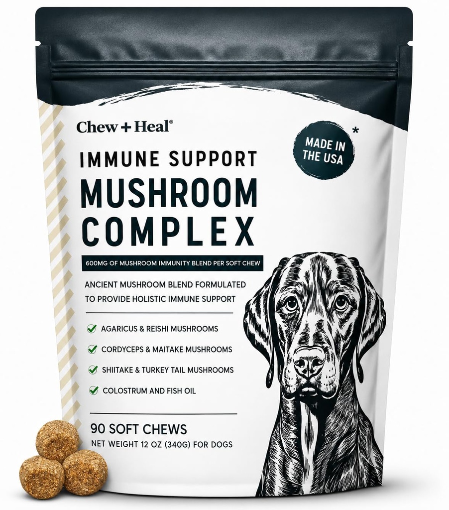 Mushroom Supplement for Dogs with Organic Turkey Tail, Shiitake, Reishi, Colostrum, and Fish Oil - Immune Support Mushroom Complex, 90 Soft Chews - Made in the USA