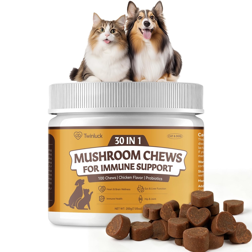 Turkey Tail Mushroom Chews for Dogs & Cats, 100 Chews, 7 Mushroom Blend with 6 Probiotic Strains, Daily Immune and Digestive Support
