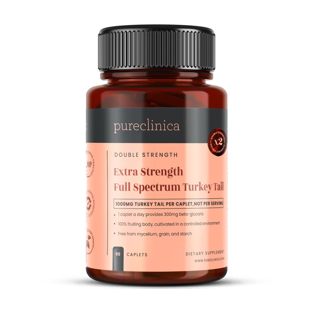 pureclinica Full Spectrum Turkey Tail Mushroom 1,000mg per Caplet x 90 Caplets – Organic 15:1 Extract – 300mg Beta-Glucans per Serving – 100% Fruiting Body – with Black Pepper Extract