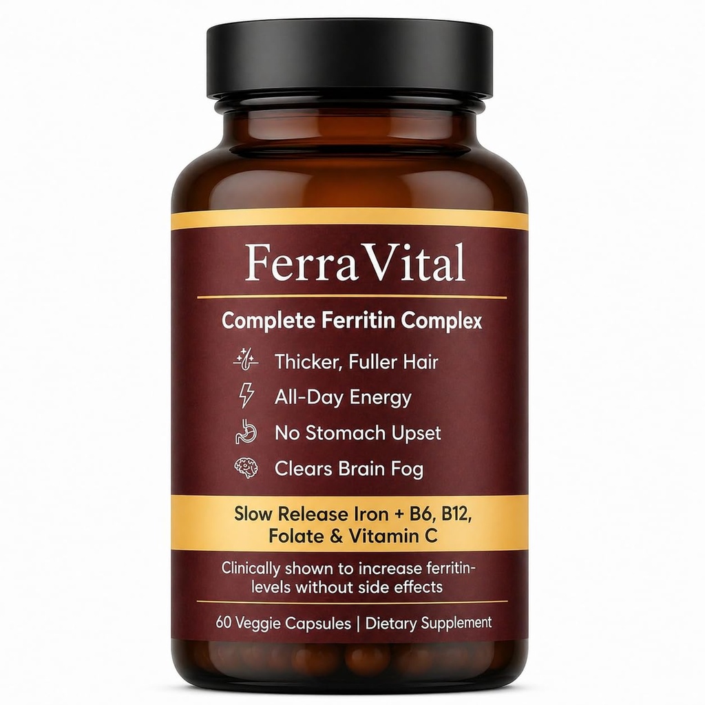 Ferravital Ferritin Support for Women with Ferrous Glycine,Vitamin C, B6, Zinc, B12 & Folate, Gluten Free & Non-GMO, Gentle Iron Support for Energy, 60 Capsules