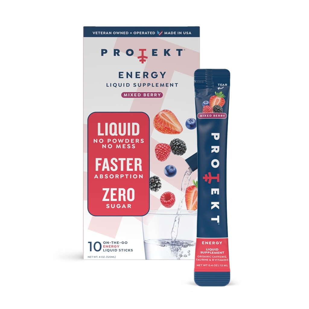 PROTEKT Zero Sugar Energy Drinks - Keto Natural Mix, Liquid Vitamin B Drink, Organic Caffeine Blend, On-the-Go Liquid Pack, Zero Sugar Mixed Berry Energy Packets by Mark Healey,Pack of 10