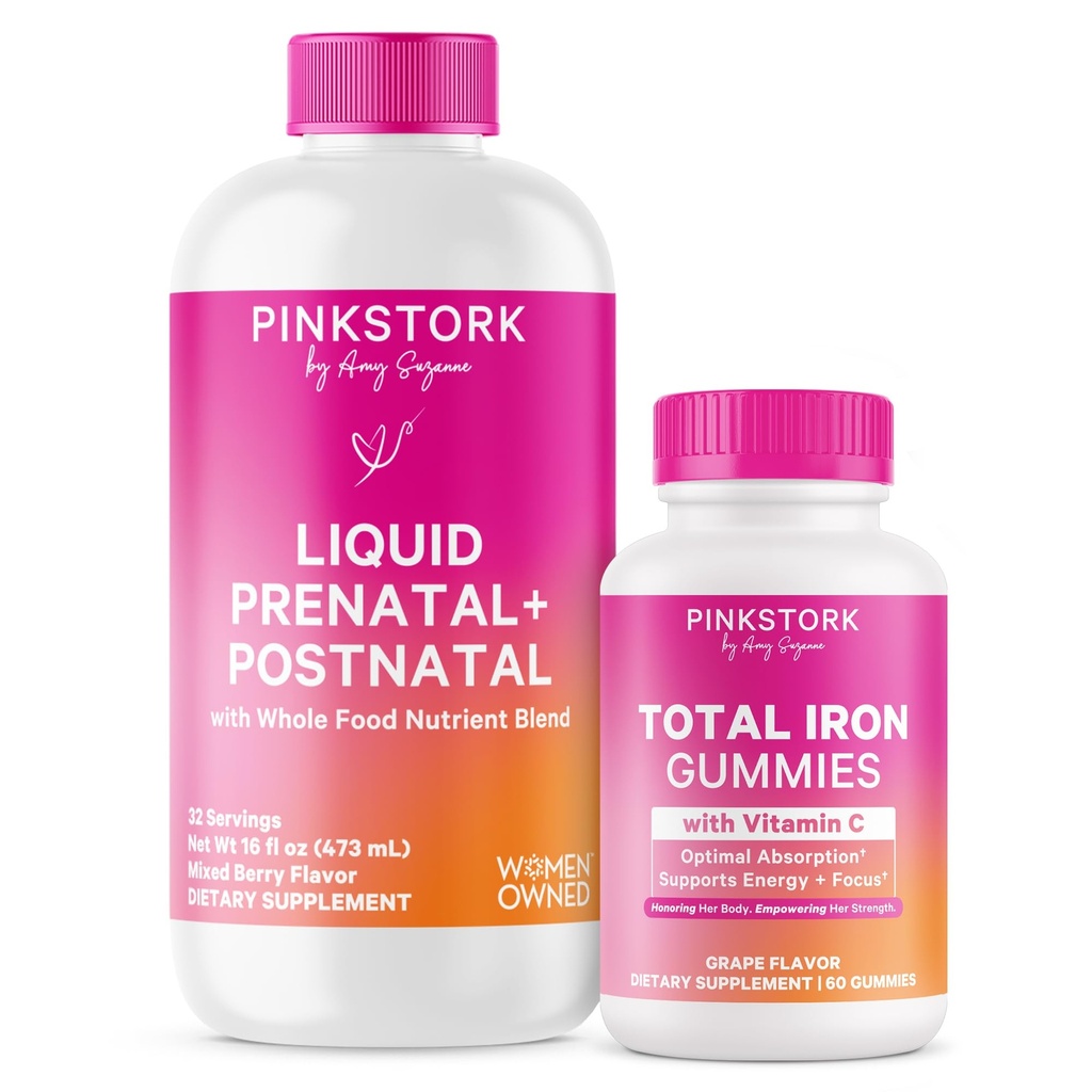 Pink Stork Prenatal Nutrition & Iron Bundle | Liquid Prenatal Vitamin with Organic Blend & Iron Supplement with Vitamin C | Energy, Morning Sickness, Focus & Blood Cell Production Support