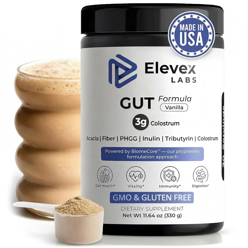 Gut Health Supplement Powder – Digestive Health Formula with Colostrum, Tributyrin & PHGG Prebiotics for Gut Health, Gut Lining, Gut-Brain & Bloating Relief for Women & Men – 30 Servings