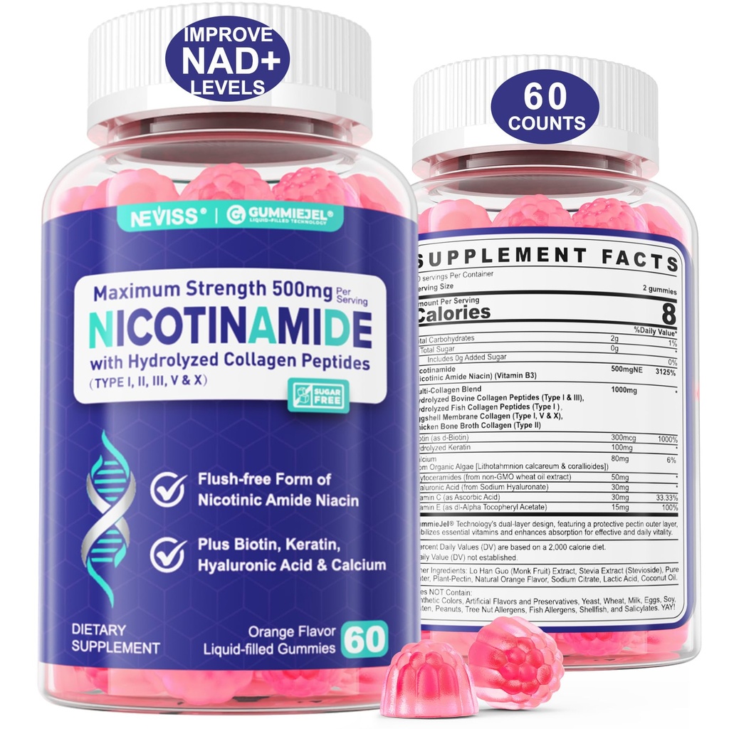 NEVISS Nicotinamide 500mg Gummies, Niacinamide Supplement with Collagen Peptides, (Flush Free Niacin) Vitamin B3 Niacinamide for Anti-Aging, NAD+ Levels, Longevity, Focus & Brain, Sugar Free, 60Cts