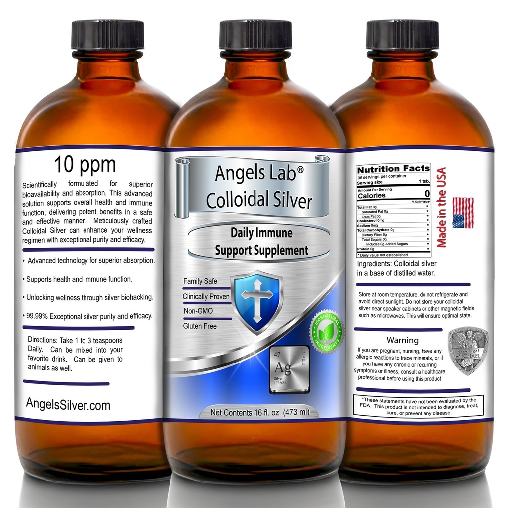 Colloidal Silver 16oz Glass Bottle 10PPM Angels Lab Immune Support Nano Liquid
