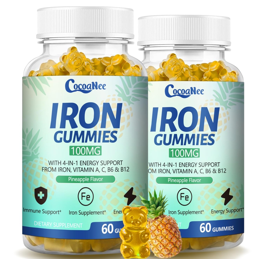 2 Pack 100MG Iron Supplements, Iron Gummies for Women & Men - Vitamin C, A, B12 - Complex, Improve Absorption, Energy Boost, Iron Deficiency for Adults & Kids - Complex Folate, Zinc, 120Cts