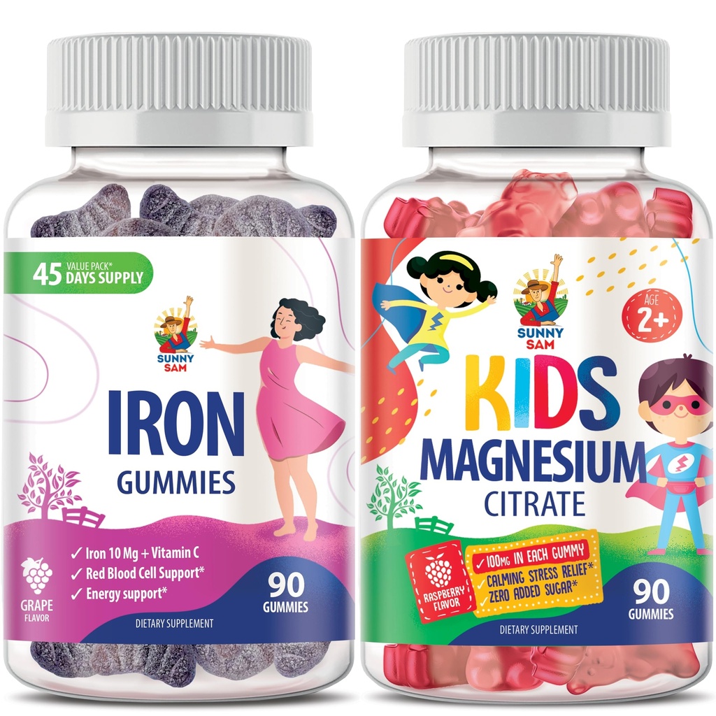 SUNNY SAM Magnesium Gummies for Kids & Iron Gummies for Adults - Iron Vitamins with Vitamin C