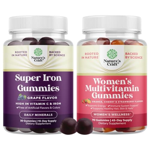 Bundle of Extra Strength Iron Supplement Gummies with Vitamin C & B Complex - Increase Red Blood Cells and Multivitamin Gummies for Women Energy and Immunity - Vitamins for Women's Health & Wellness