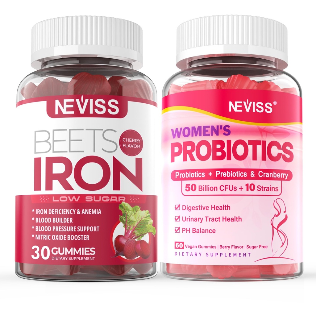 NEVISS Vegan Iron Supplement Gummies, Gentle Iron + Probiotics for Women Gummies