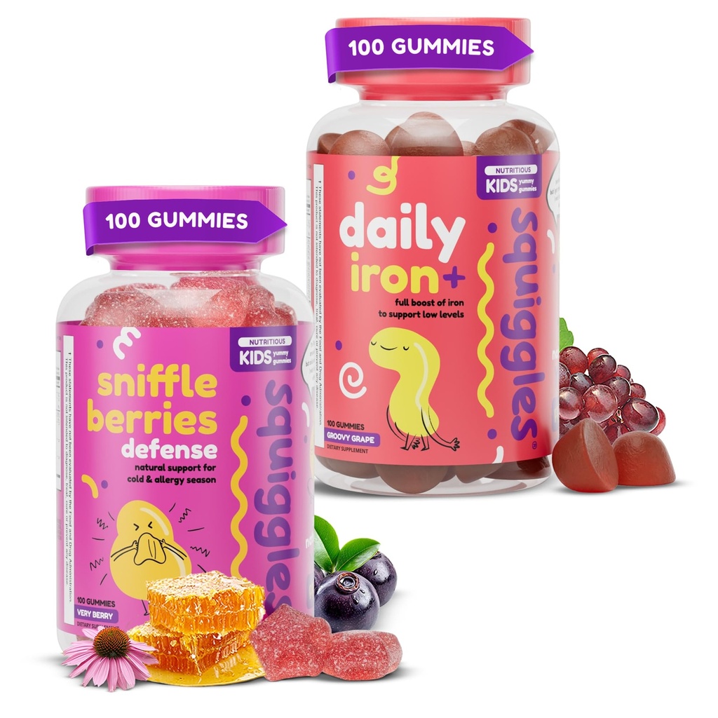 Squiggles Sniffle Berries (100 Count) + Daily Iron Gummies (100 Count) Duo - Tasty Chewy Gummy - Kids Immune Booster