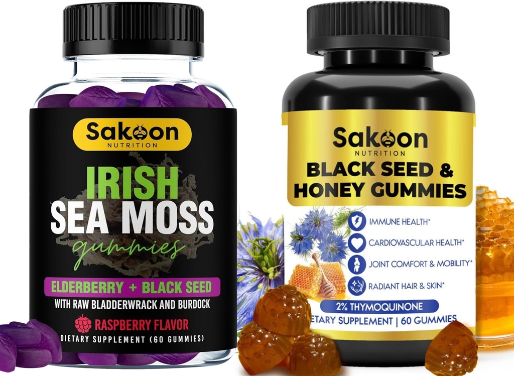 Sakoon nutrition Black Seed Oil & Honey Gummies + Irish Sea Moss Gummies | 2%+ Thymoquinone | Super Antioxidant for Immune, Heart, Joint, Digestive, Hair & Skin Support