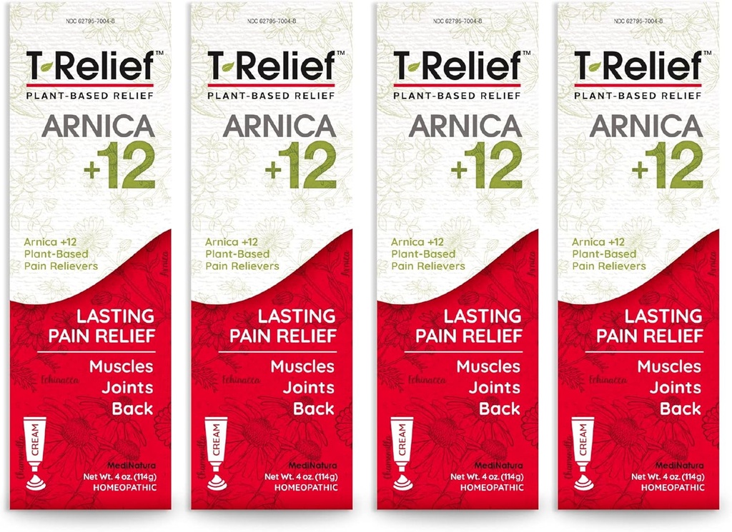 T-Relief Arnica +12 Κρέμα Φυσικό Ανακουφίζει Ενεργό για τον πόνο της πλάτης Κοκκίτιδα Μυϊκοί πόνοι & ακαμψία, Όλο το σώμα γρήγορη δράση ανακούφιση για γυναίκες & άνδρες - 4 oz (4 Pack)