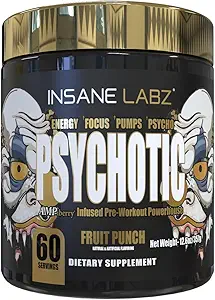Insane Labz Psychotic Gold, High Simulant Pre Workout Powder, Extreme Lasting Energy, Αντλίες και Αντοχή με Beta Alanine, DMAE Bitartrate, NO Booster (60 Servers, Fruit Punch)