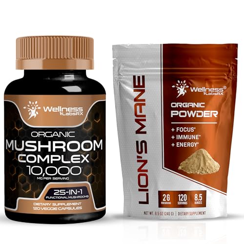 WELLNESS LABSRX Mushroom Supplement Capsules 1,000mg - Lions Mane Powder 2000mg | Bundle