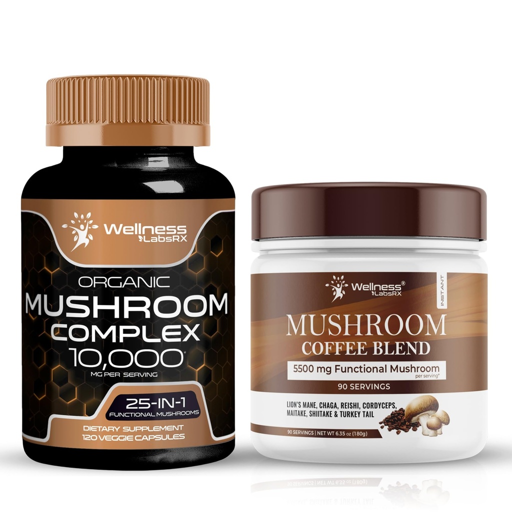 WELLNESS LABSRX Mushroom Supplement Capsules 1,000mg - Mushroom Coffee Blend | Bundle