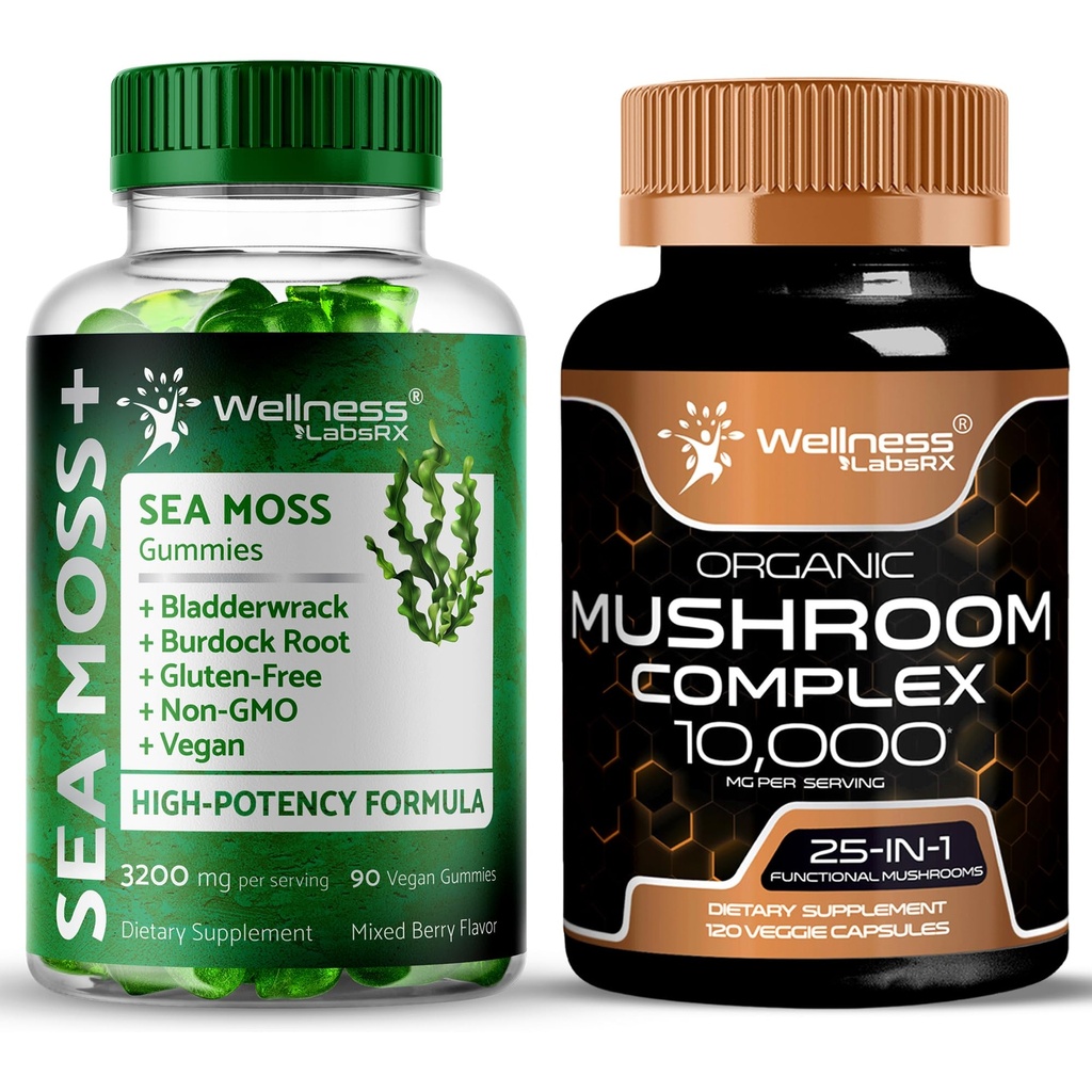 WELLNESS LABSRX Mushroom Supplement Capsules - Sea Moss Gummies | Bundle