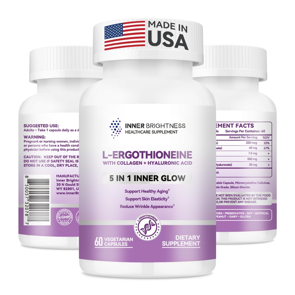 Inner Brightness L-Ergothioneine Supplements with Hyaluronic Acid & Collagen for Women, Non-GMO, Gluten Free, Vegan, Promotes Longevity & Healthy Aging, 60 Capsules