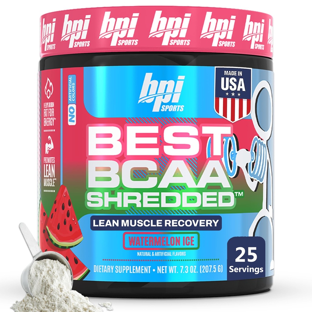 BPI Sports Best BCAA Shredded - Caffeine Δωρεάν Θερμογόνο Ποτό Ανάκτησης, Lean Μυϊκό Κτίριο BCAA Σκόνη για γυναίκες και άνδρες, Preworkout BCAAs Amino Acids Ποτό- Watermelon ICE - 25 Υπηρεσίες