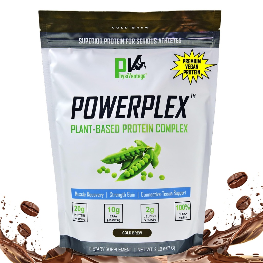 PhysiVantage POWERPLEX Vegan Protein Powder, Collagen Alternative - Organic Plant-Based Pea & Rice Protein, Dairy-Free, Muscle & Joint Support, Monk Fruit Sweetened 2 lb (Cold Brew - Mocha Flavor)