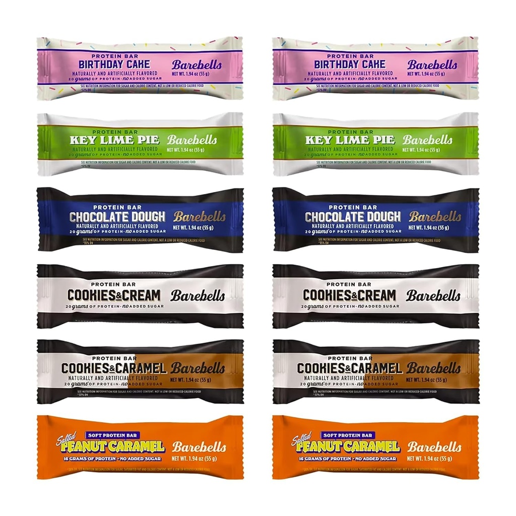 Barebels Protein Bars Variety Pack, Birthday Cake, Key Lime Pie, Chocolate Dough, Cookies & Cream, Cookies & Caramel, Salted Peanut Caramel, No Added Sugar, 1.94 oz, 20g Protein 12 Pack
