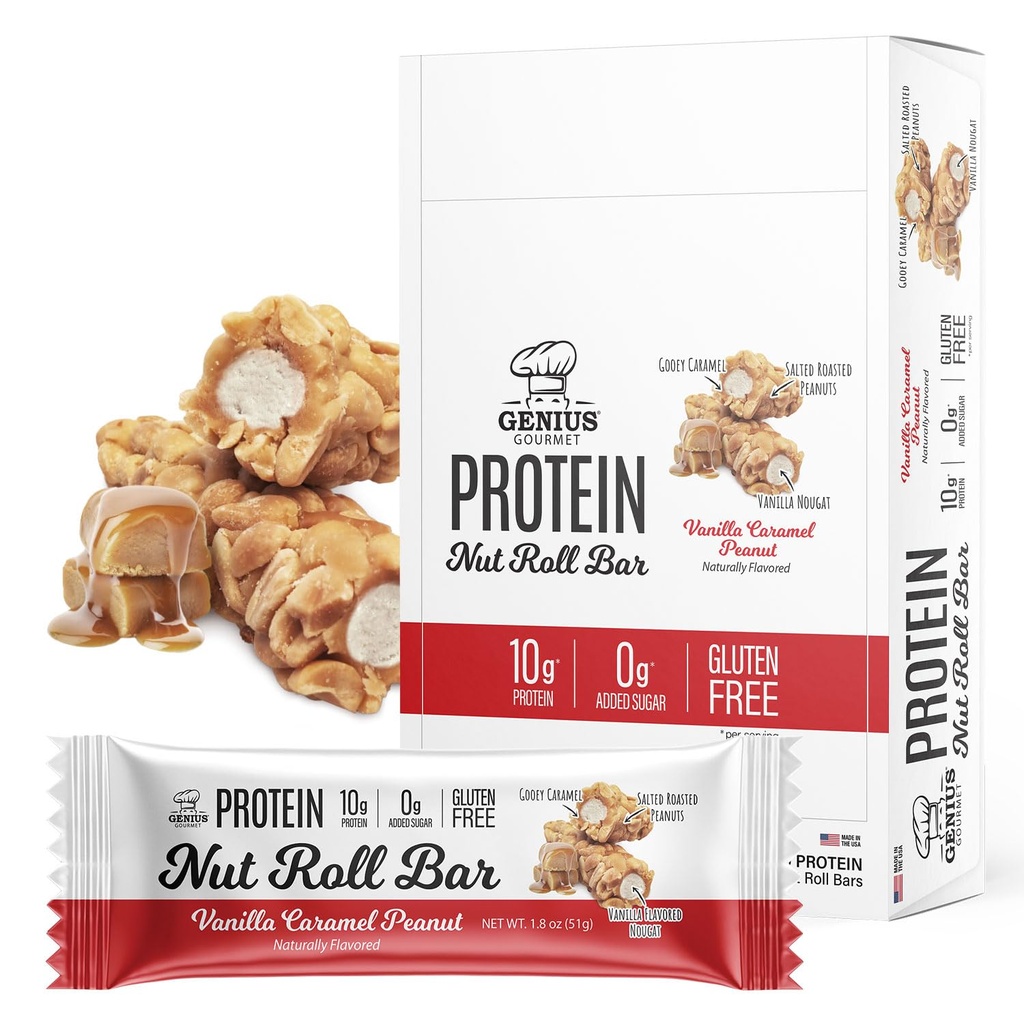 Genius Gourmet Nut Roll Bars Vanilla Caramel Peanut – 10g Protien, Zero Added Sugar, Gluten Free, Non-GMO – Sweet Snack & Dessert for Adults and Kids – 10 Ct Box