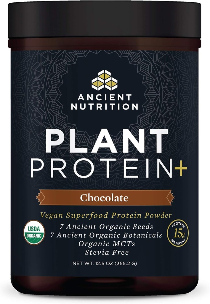 Ancient Nutrition Plant Based Protein Powder, Plant Protein+, Chocolate, Organic Vegan Superfoods Supplement, 15g Protein Per Serving, Gluten Free, Paleo Friendly 12 Serving