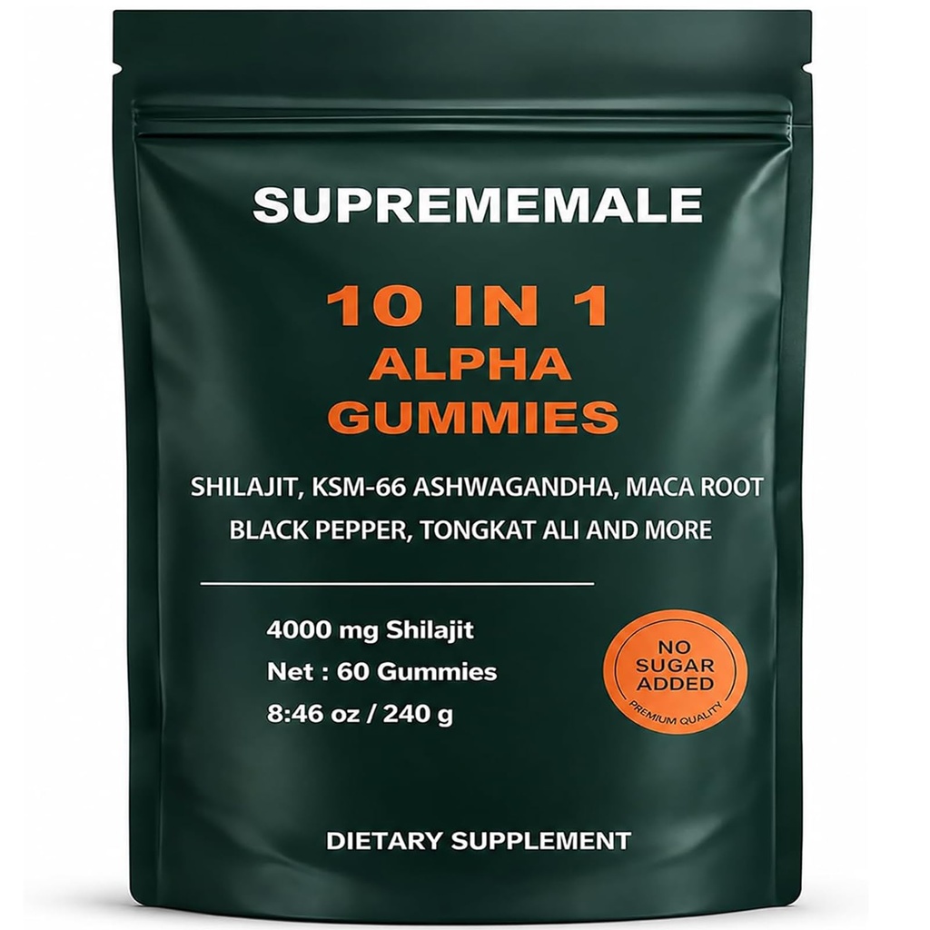 SupremeMale 10 in 1 Alpha Gummies - 4000 mg Herbal Performance Blend with Ashwagandha, Tongkat Ali, Maca & Shilajit – Supports Daily Energy, Stamina & Male Wellness (1)