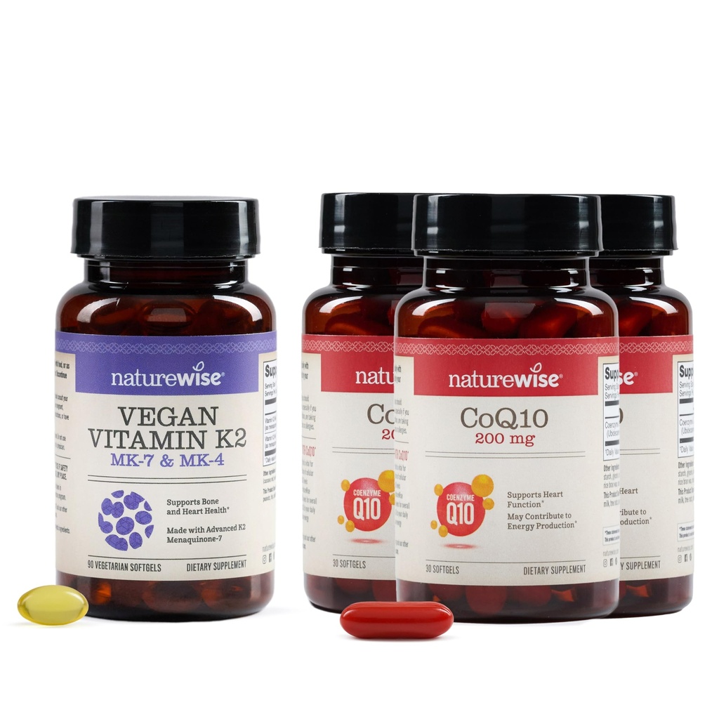 NatureWise [1] Vitamin K2 - MK-7 100mcg + MK-4 500mcg - Non-GMO - 90 Softgels[3-Month Supply] + (Pack of 3) CoQ10 200mg - High Potency Ubiquinone, Non-GMO - 30 Softgels[30-Day Supply]
