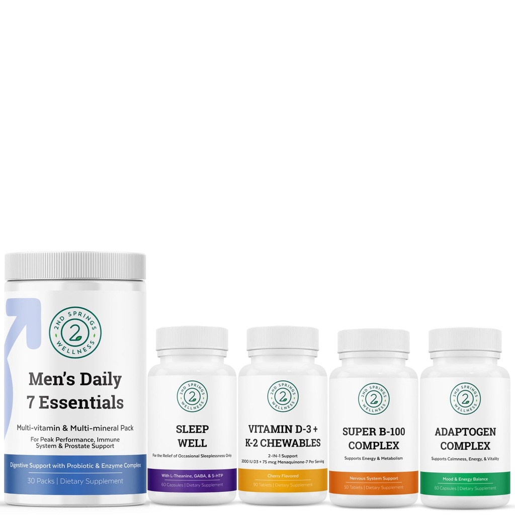 Ultimate Men's Health Bundle - Vitamin D3+K2, Super B-100 Complex, Sleep Well, Adaptogen Complex & Men's Daily 7 Essentials