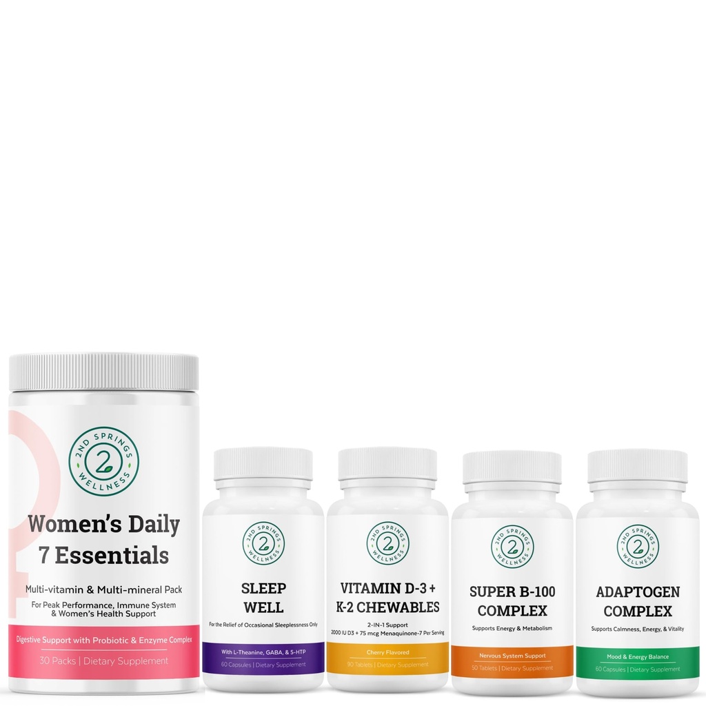 Ultimate Women's Health Bundle - Vitamin D3+K2, Super B-100 Complex, Sleep Well, Adaptogen Complex & Women's Daily 7 Essentials