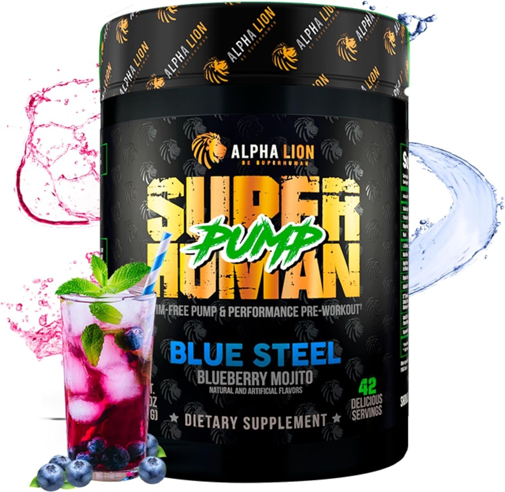 ALPHA LION Superhuman Pump Pre Workout Powder, Nootropic Caffeine & Stim Free Preworkout Supplement, Nitric Oxide Booster, Mus Gainer, Energy & Focus (42 σερβιέτες, Blueberry Steel Flavor)