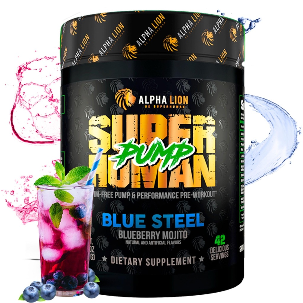 ALPHA LION Superhuman Pump Pre Workout Powder, Nootropic Caffeine & Stim Free Preworkout Supplement, Nitric Oxide Booster, Mus Gainer, Energy & Focus (42 σερβιέτες, Blueberry Steel Flavor)