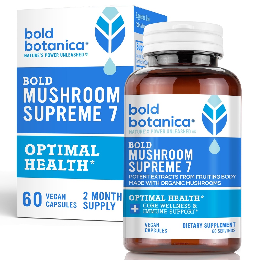 Bold Botanica Mushroom Supreme 7 – συμπλήρωμα μανιταριών – Βιολογικά εκχυλίσματα Turkey Tail, Chaga, Phellinus, Reishi, Cordyceps, Maitake, Shiitake για την Ανοσολογική Υποστήριξη & Βέλτιστη Ευεξία, 60 Caps