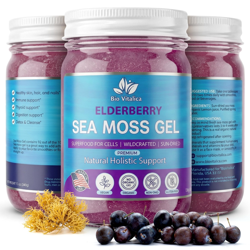 Irish Sea Moss Gel 12oz - USA Made Dr.Sebi Wildcrafted Seamoss - Superfood with Iodine, Bladderwrack & Burdock Root for Immune & Energy Boost, Skin & Hair Health - Elderberry, Pack of 1