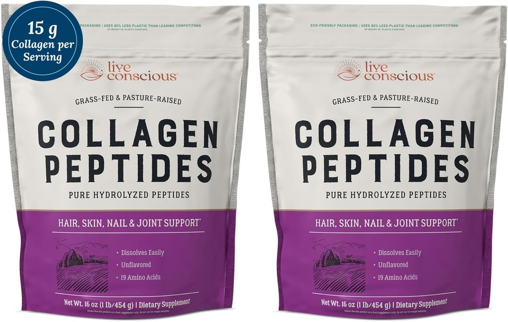 Ζωντανή conscious Collagen Peptides σκόνη - μαλλιά, δέρμα, νύχια, και κοινή υποστήριξη - Τύπος I & III κολλαγόνο - Φυσικώς-Πηγή υδρολυμένη πρωτεΐνη - 16oz (2-πακέτο)