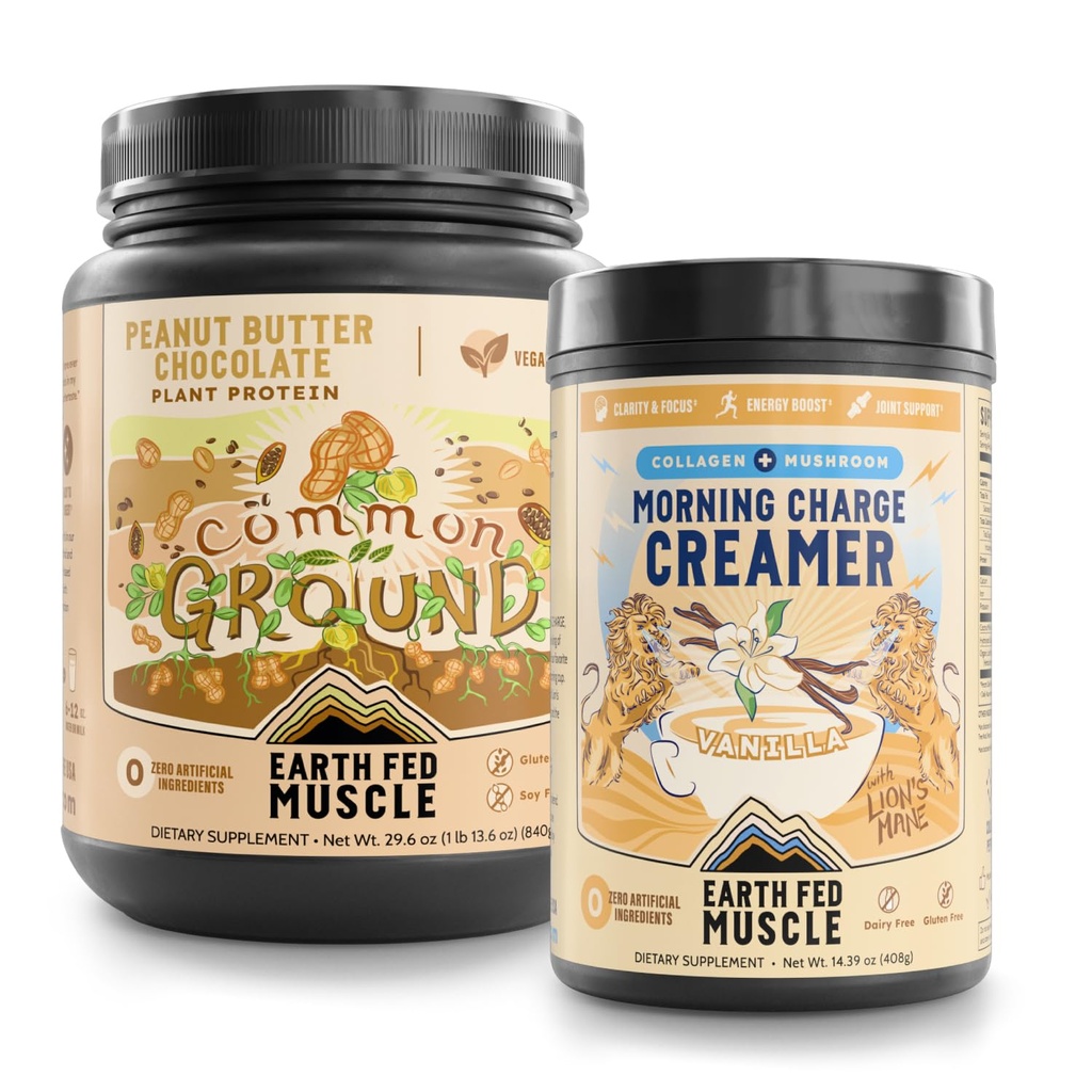 Earth Fed Muscle Plant-Powered Wellness Bundle – Common Ground Vegan Protein Powder (Chocolate Peanut Butter) & Morning Charge Coffee Creamer with Collagen & Lion’s Mane – Daily Energy, Focus & Recove