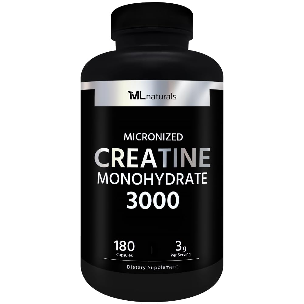 ML Naturals Micronized Creatine Monohydrate, 180 Capsules | 3,000mg Per Serving, Gluten-Free, Non-GMO