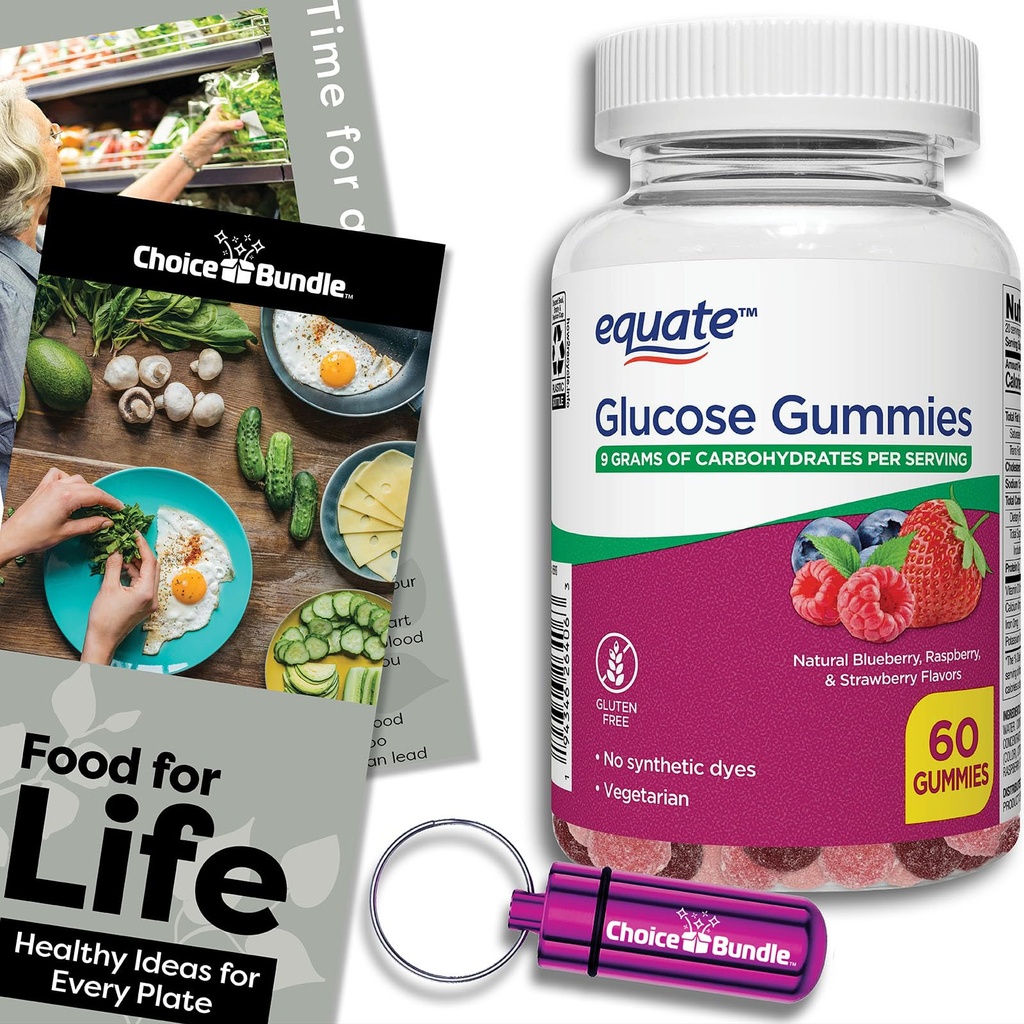 Choice Bundle Equate Glucose Gummies Compare to ReliOn Berry Flavor Gummy 60 ct 2 Pk (120 Total) + Food Guide & Pill Container (4 Items)!