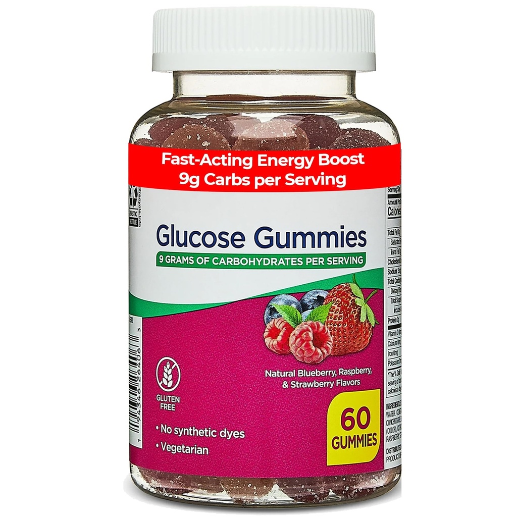 Glucose Gummies, 60 Count – Fast-Acting Energy Support with 9g Carbs per Serving, Natural Berry Flavors, Gluten-Free & No Artificial Dyes