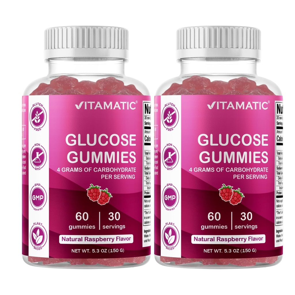 Vitamatic Glucose chewable Gummies - 60 Count - Natural Raspberry Flavor - 4G of Carbohydrate per Serving (2 Bottles)