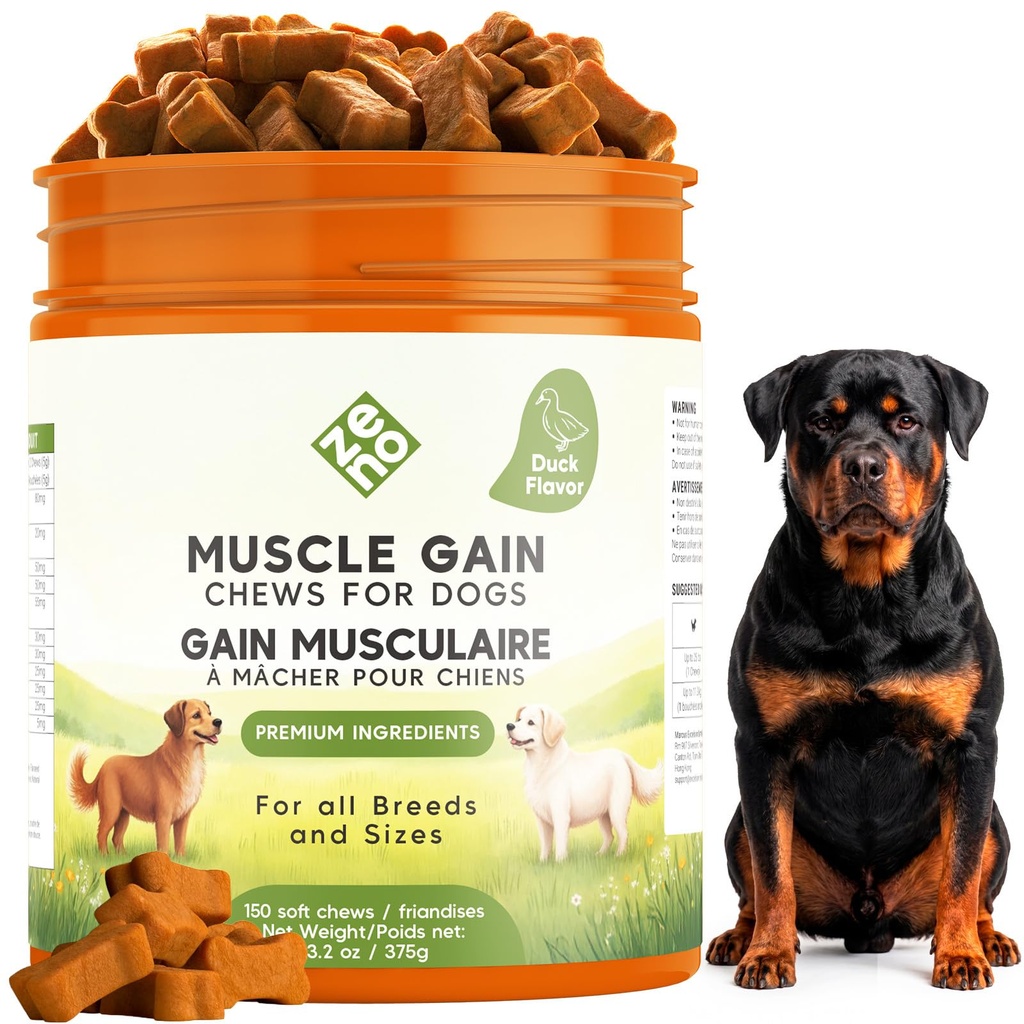 ZENO 11-in-1 Muscle Gain Chews - Weight Gain Supplements for Dogs with High Protein & Amino Acids - Premium Muscle Builder for Bully & All Breeds - Healthy for Puppies - 150 Chews - Duck
