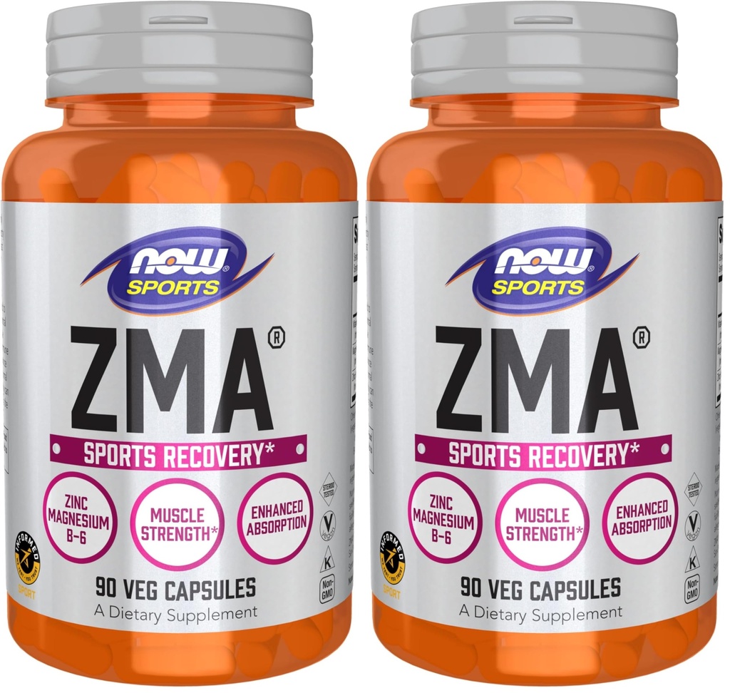 NOW Foods Sports Nutrition, ZMA (Zinc, Magnesium and Vitamin B-6), Enhanced Absorption, Sports Recovery*, 90 Capsules, (Pack of 2)