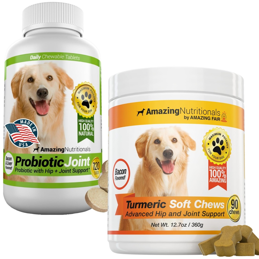 Probiotics for Dogs Digestive Turmeric Joint Support Bundle - Eliminates Joint Pain Inflammation, Incontinence, Gas and Diarrhea